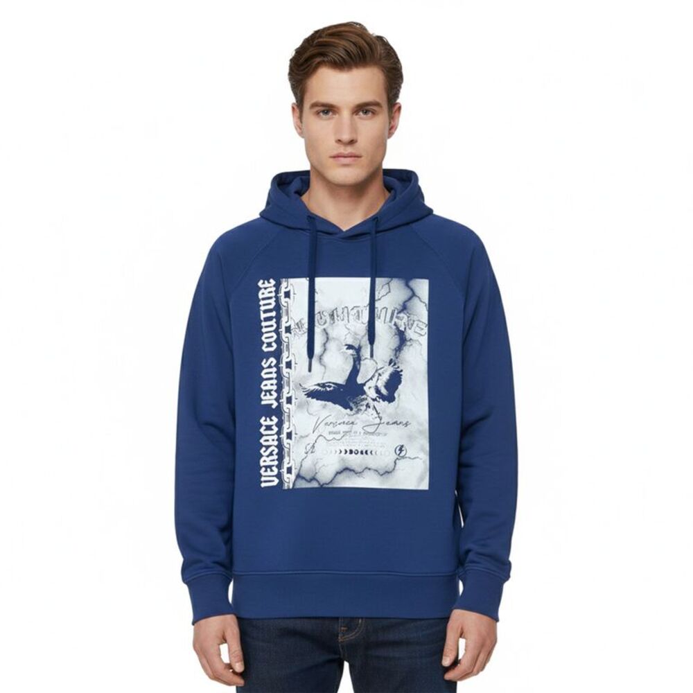 Versace Jeans Couture Steel Blue Cotton Mens Eagle Chain Print Hoodie